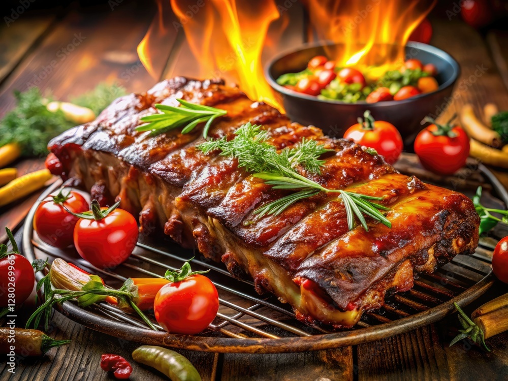 Savor the smoky glow: Low-light BBQ ribs photography captures juicy ribs, vibrant veggies, and fresh herbs. Savor the smoky glow: Low-light BBQ ribs photography captures juicy ribs, vibrant veggies, and fresh herbs.