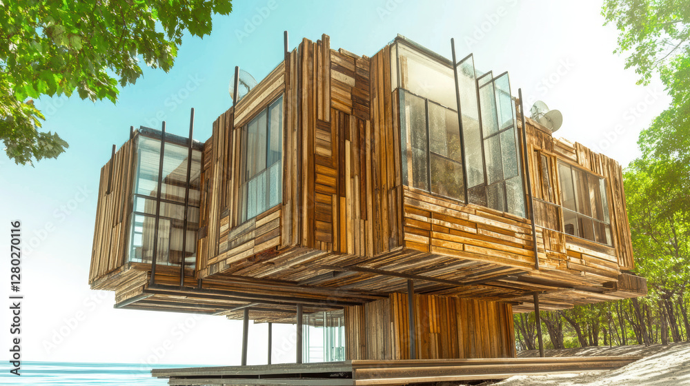Obraz premium Handmade wooden oceanfront villa with sustainable design, surrounded by trees and water, showcasing modern architecture and natural materials