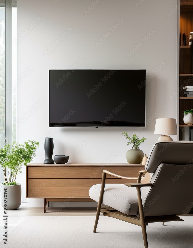 Fototapeta premium Cabinet for TV on the white wall in living room with armchair, minimal design. Generated image