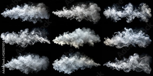 A series of images of smoke clouds in various sizes and shapes. The mood of the images is dark and ominous, with the smoke clouds looming over the black background