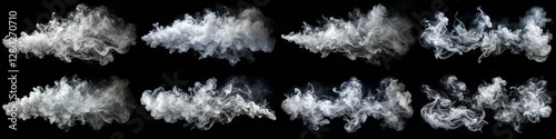 A series of images of smoke in the air. The smoke is white and billowing, creating a sense of movement and energy. The images are all in black and white, which adds to the dramatic effect of the smoke