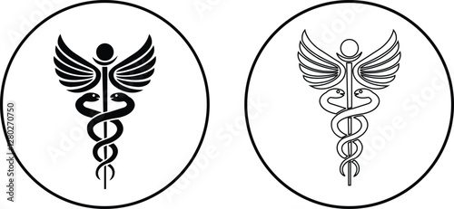 Set of Caduceus snake icons flat and outline Styles. Rod of Asclepius signs. Medical center, pharmacy, hospital with popular symbols of medicine. Medical health care logos on transparent background.