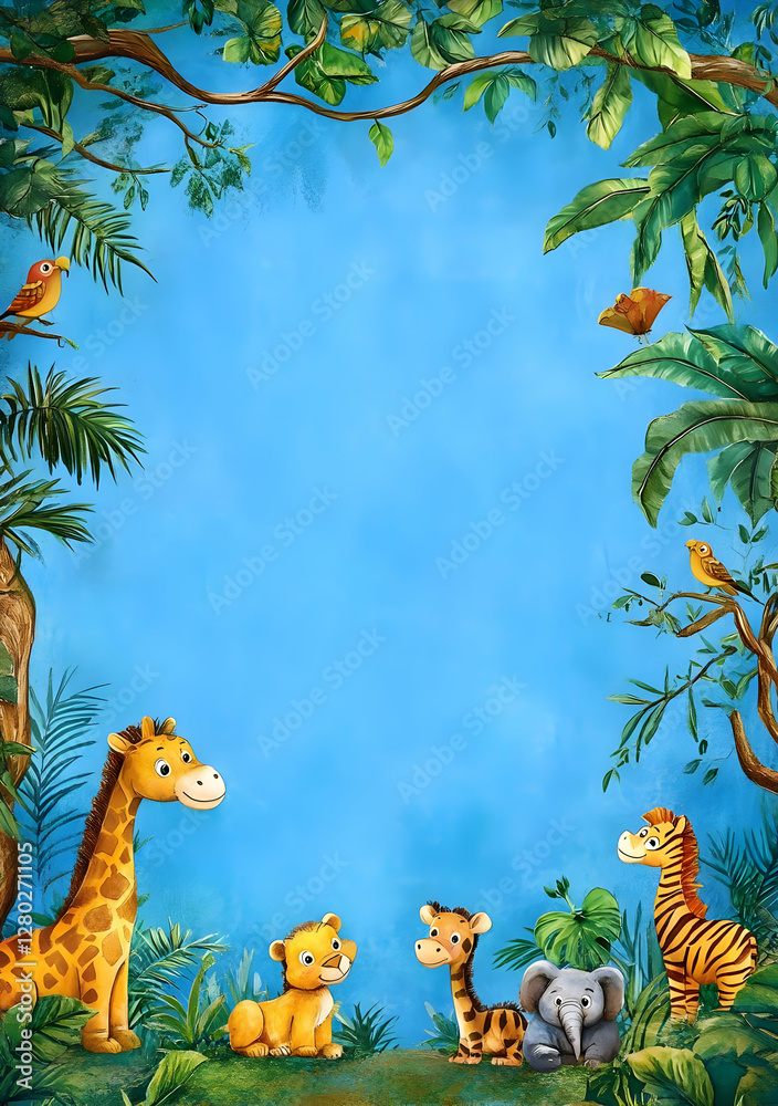 Fototapeta A colorful jungle scene featuring cartoon animals and a blue background for creative use.