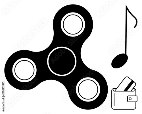 Fidget spinner, musical note, and wallet with cards symbolize relaxation, entertainment, and everyday convenience. Ideal for lifestyle, finance, hobbies, relaxation music daily tasks minimalist