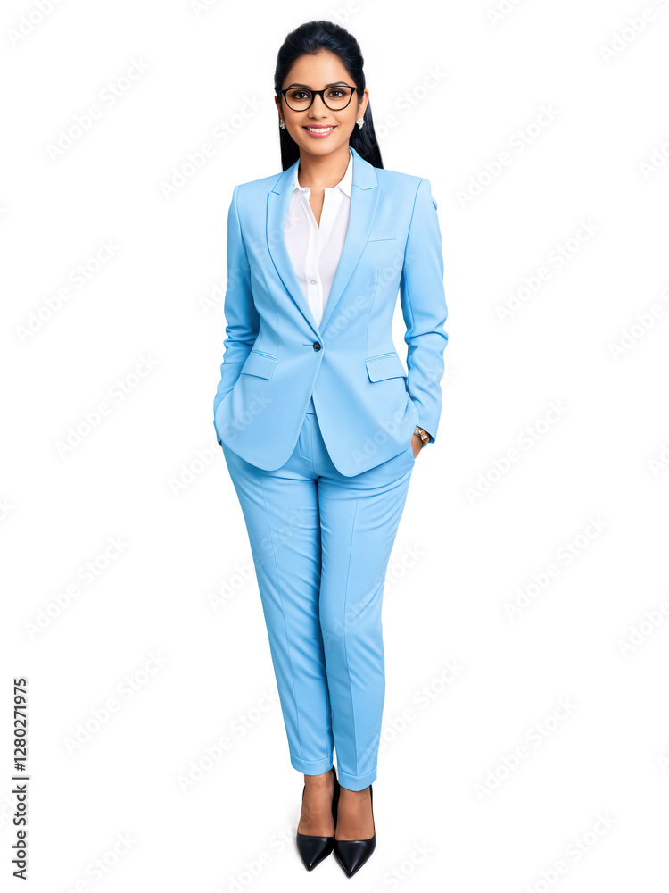 Portrait of a smiling South Asian woman with long black hair and glasses, dressed in a tailored light blue suit Portrait of a smiling South Asian woman with long black hair and glasses, dressed in a tailored light blue suit