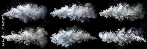A series of white smoke trails, each one slightly different in size and shape. Scene is one of chaos and confusion, as the smoke trails seem to be moving in all directions and blending together