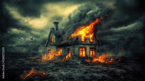 Burning house engulfed in flames, dark sky, apocalyptic scene.
