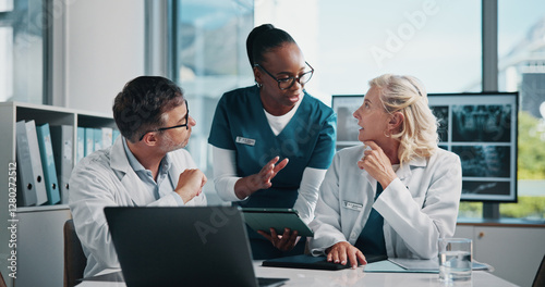Hospital, nurse and doctors on tablet in meeting for consulting, teamwork and medical advice. Healthcare, radiology and man and women on digital tech for collaboration, research or telehealth website photo