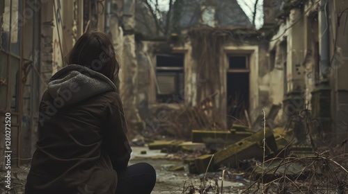Person Sits Amidst Ruins, Reflecting on Loss and Destruction