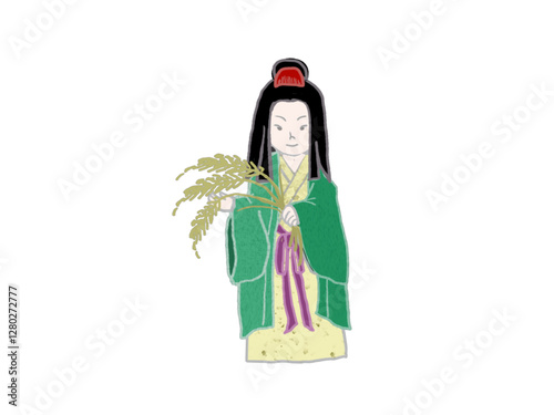 Kushinadahime, a goddess from Japanese mythology, stands holding an ear of rice.