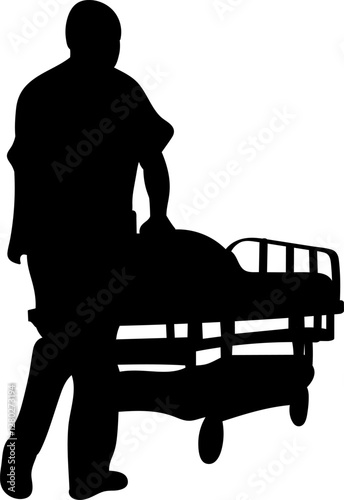 silhouette of a doctor pushing a gurney on a white background, vector