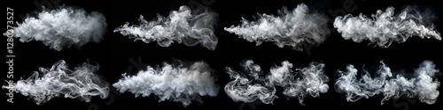 A series of images of smoke in the air. The smoke is white and billowing, creating a sense of movement and energy. The images are all in black and white, which adds to the dramatic effect of the smoke