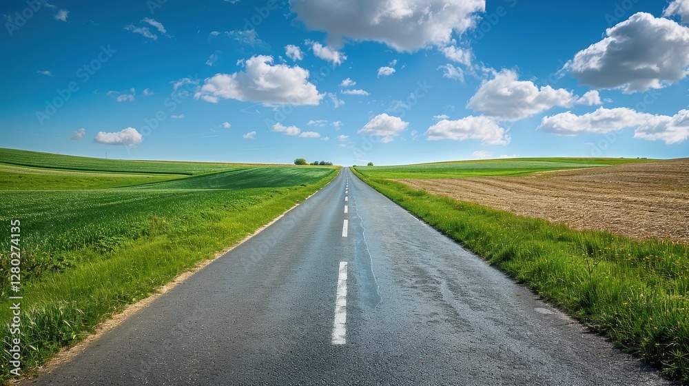A Scenic Road Leading Through Lush Green Fields to the Horizon A Scenic Road Leading Through Lush Green Fields to the Horizon