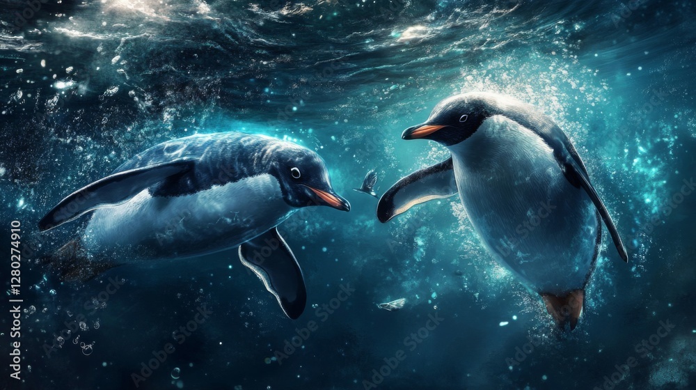 Obraz premium Two Penguins Swimming Underwater in Dark Blue Ocean