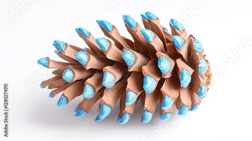 Artistic blue-tipped pine cone studio photograph white background close-up nature's creativity