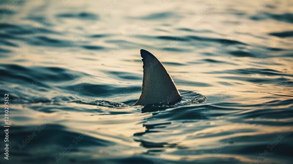 Fototapeta premium Shark Fin Emerges from Water, Signaling Predatory Presence