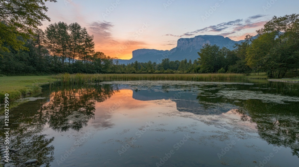 Obraz premium Calm lake reflecting sunset and mountain silhouettes.