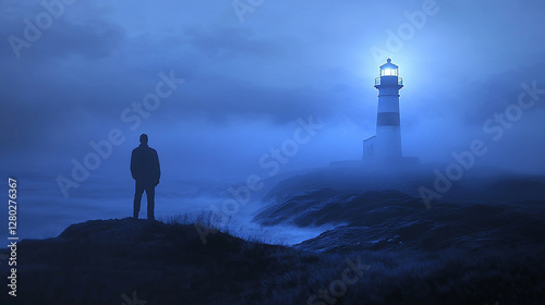 A lone man stands near a lighthouse in the fog. 