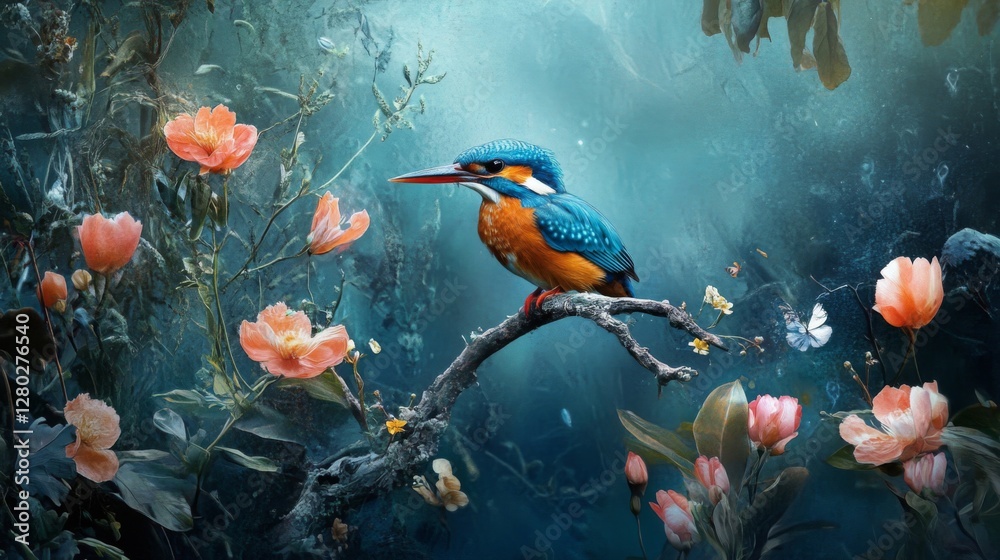 Fototapeta premium Vibrant Kingfisher Perched on Branch Amidst Peach Blossoms