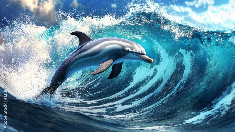 Naklejka premium Striped Dolphin Leaping from Ocean Wave