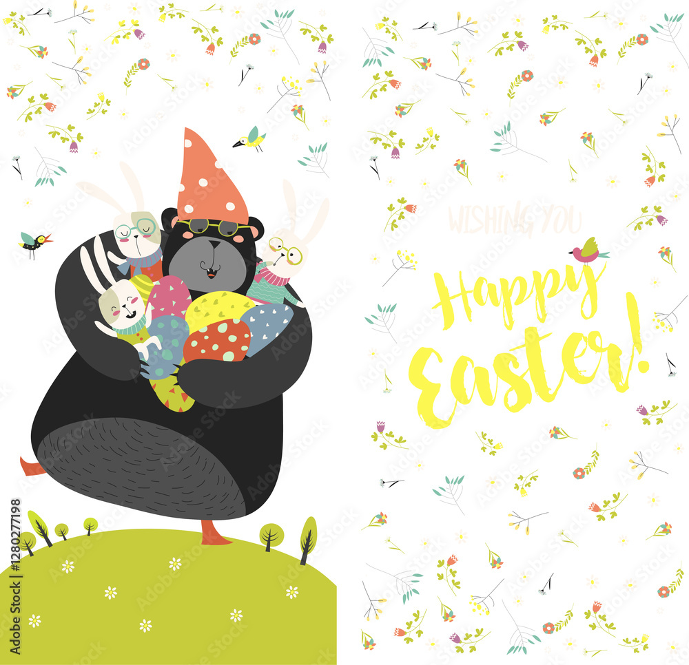 Naklejka premium Greeting card with bunnies,bear and easter eggs