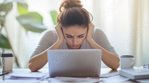 Worried user sitting at a desk, gazing at a computer screen with an anxious look. Featuring emotional distress and mental fatigue