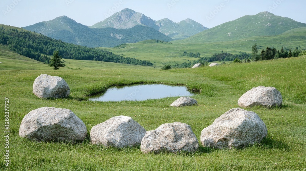 Mountain Valley Pond with Stones. A serene pond surrounded by large stones in a grassy valley. Ideal for showcasing nature's tranquility Mountain Valley Pond with Stones. A serene pond surrounded by large stones in a grassy valley. Ideal for showcasing nature's tranquility