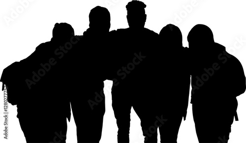  silhouette vector image of a group of five people standing closely together with their arms around each other, symbolizing friendship, and unity, human figures in a bonded and cohesive formation.