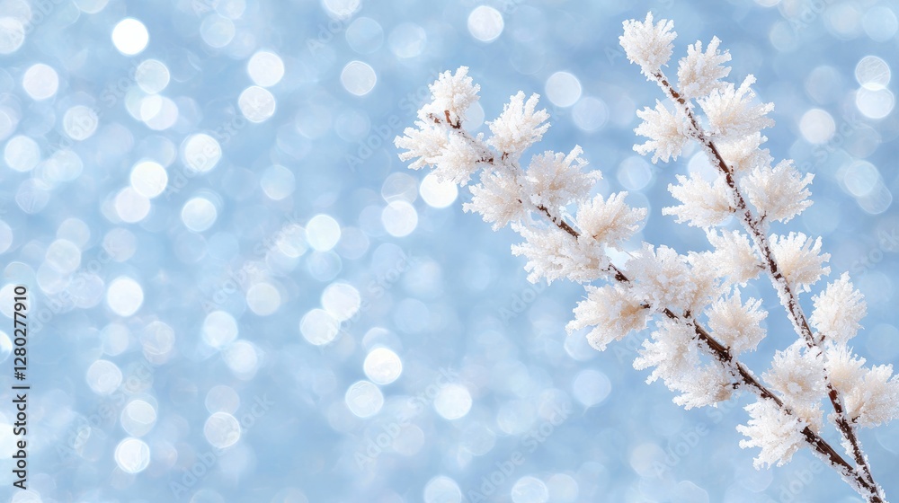 Frosted Branches on Light Blue Bokeh Background Frosted Branches on Light Blue Bokeh Background