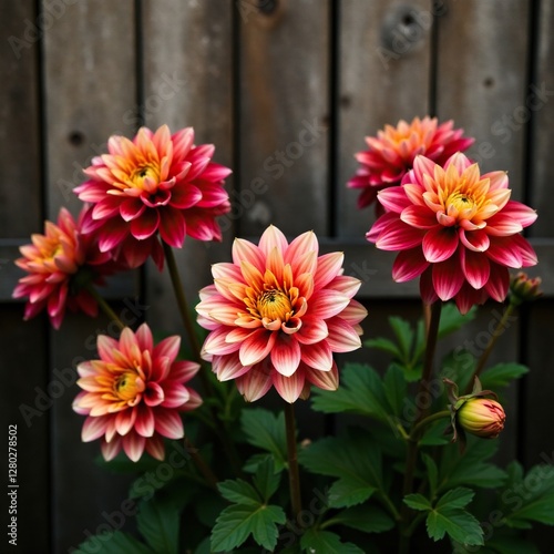 Bicolor dahlias against a rustic wooden fence, earthy tones, fall garden, warm lighting