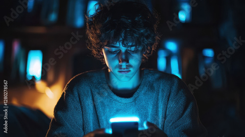 Obraz na płótnie Teenager immersed in smartphone screen in a dark room, battling anxiety and social media addiction with a glow of blue light w salonie