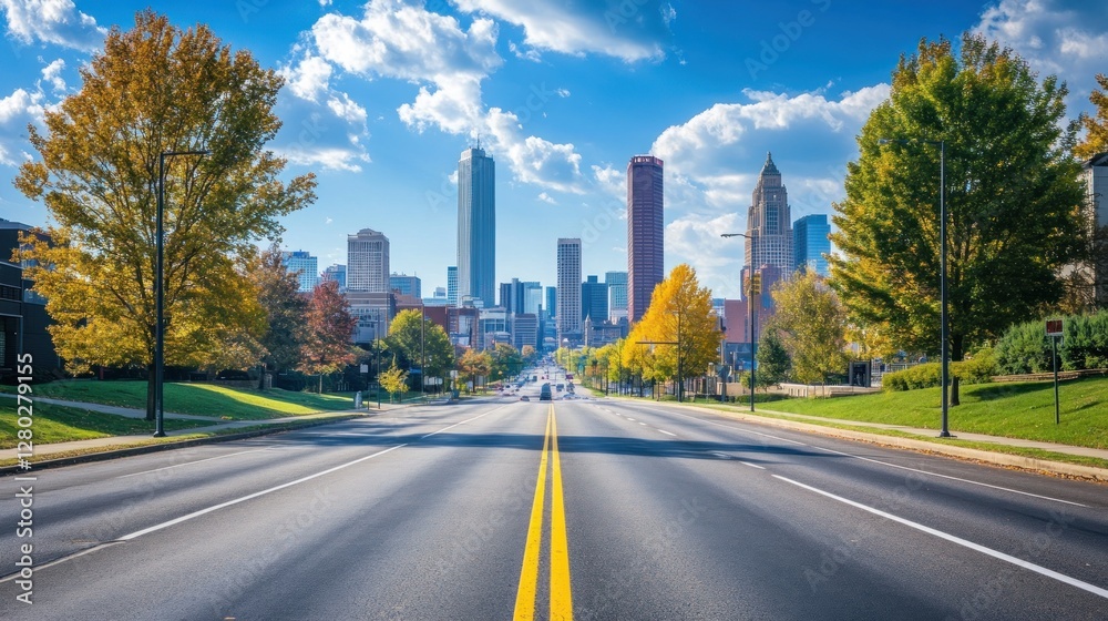 Cityscape view down a tree-lined avenue with skyscrapers in autumn. Cityscape view down a tree-lined avenue with skyscrapers in autumn.
