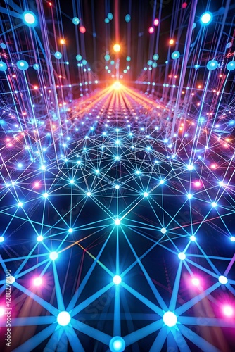 Neon abstract particles floating across a glowing grid of interconnected data points. (2)