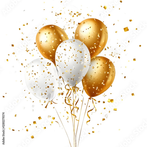 Gold and white balloons with confetti isolated on white background