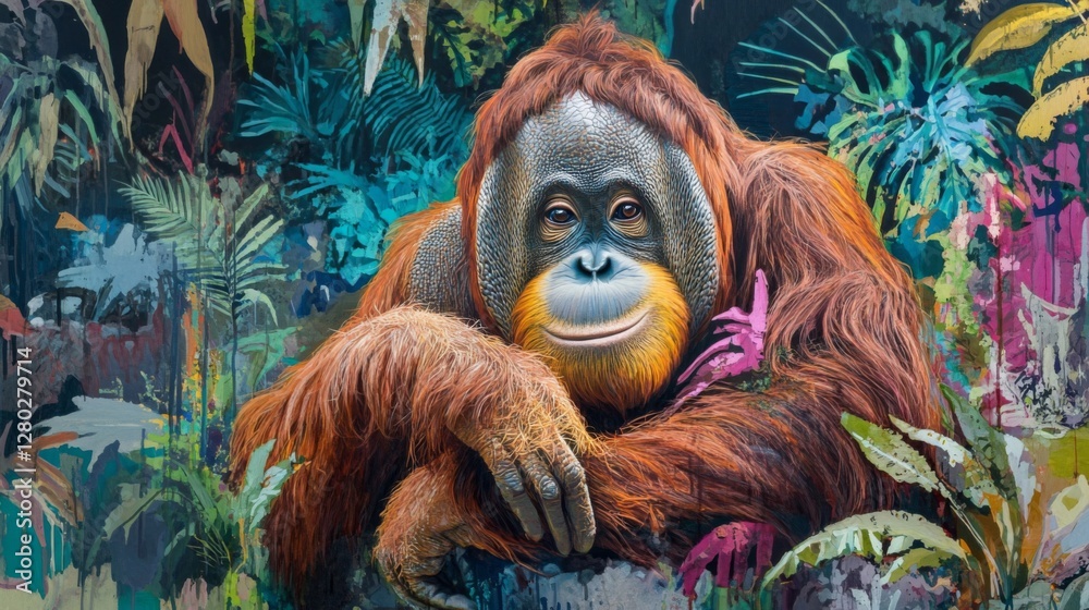Obraz premium Orangutan Portrait in Vibrant Tropical Jungle Setting