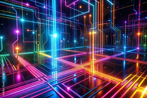 Neon abstract particles floating across a glowing grid of interconnected data points. (3)