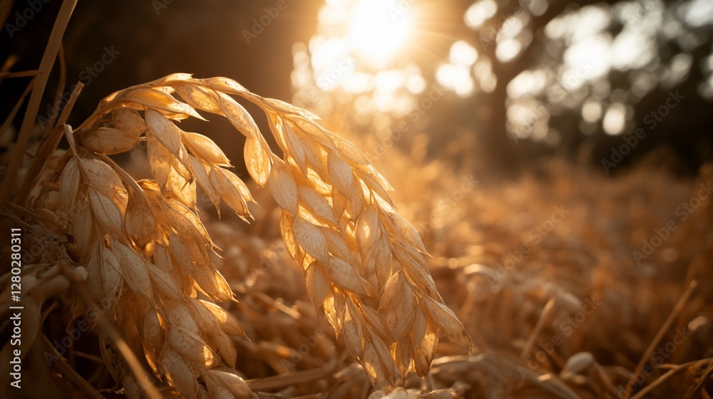 Fototapeta premium Golden Oat Stalks Sunset Field Harvest Agriculture