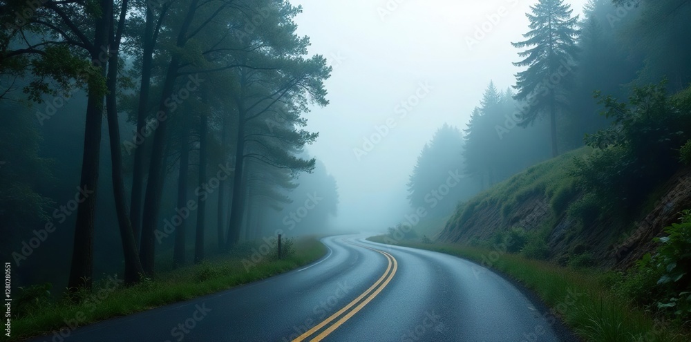 Fototapeta premium Foggy mountain road winding through the trees, peaceful, misty, road