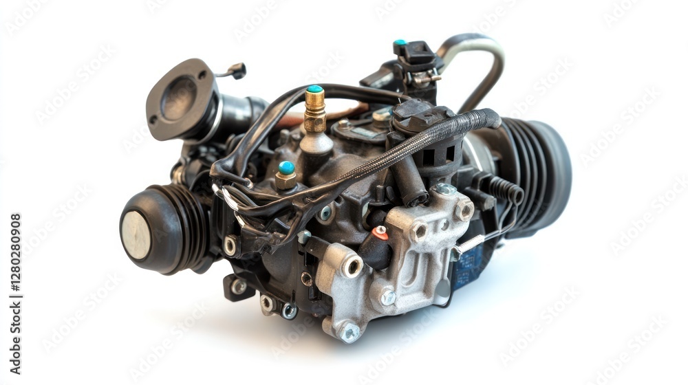 Close-up of a complex automotive air compressor isolated on white background. Close-up of a complex automotive air compressor isolated on white background.