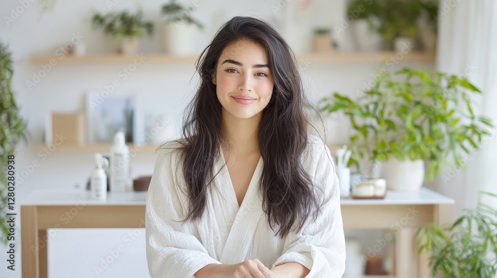 Relaxing lifestyle portrait of a young woman at home with plants and natural light Relaxing lifestyle portrait of a young woman at home with plants and natural light