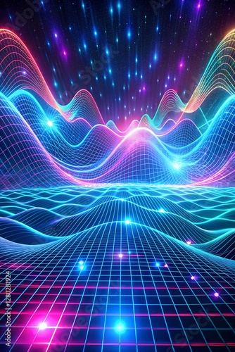 Neon abstract technology elements forming a network of glowing lines and lights in a 3D space.