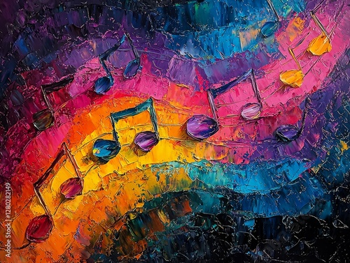 Musical vibrations in colorful abstraction art gallery digital artwork vibrant environment wide angle artistic expression