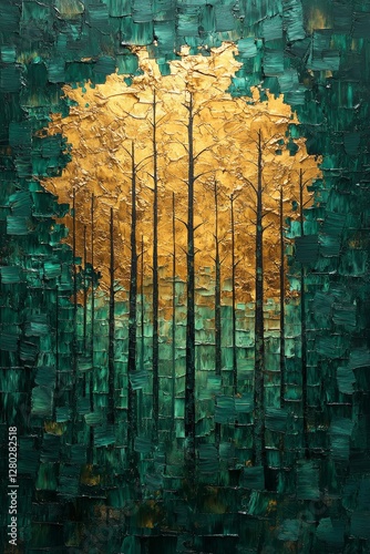Golden autumn forest scene nature abstract art vibrant colors decorative painting tranquil atmosphere