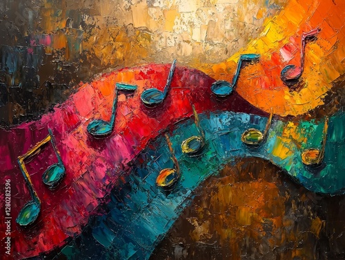 Vibrant musical art installation with colorful notes gallery space abstract painting artistic environment close-up view