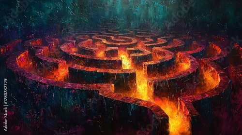 Infernal maze challenge abstract realm digital artwork fiery environment aerial view conceptual depth