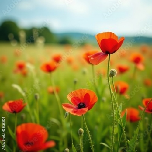 Vibrant red poppy blooms amidst swaying summer meadow grasses , image, detail, texture
