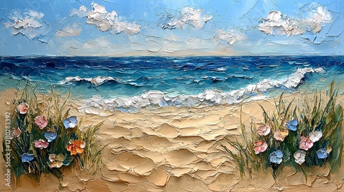 Relaxing day at the beach oceanfront oil painting coastal landscape scenic view serenity of nature