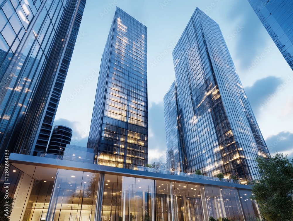 Fototapeta premium Modern Skyscrapers, Cityscape, Evening, Illuminated Office Buildings