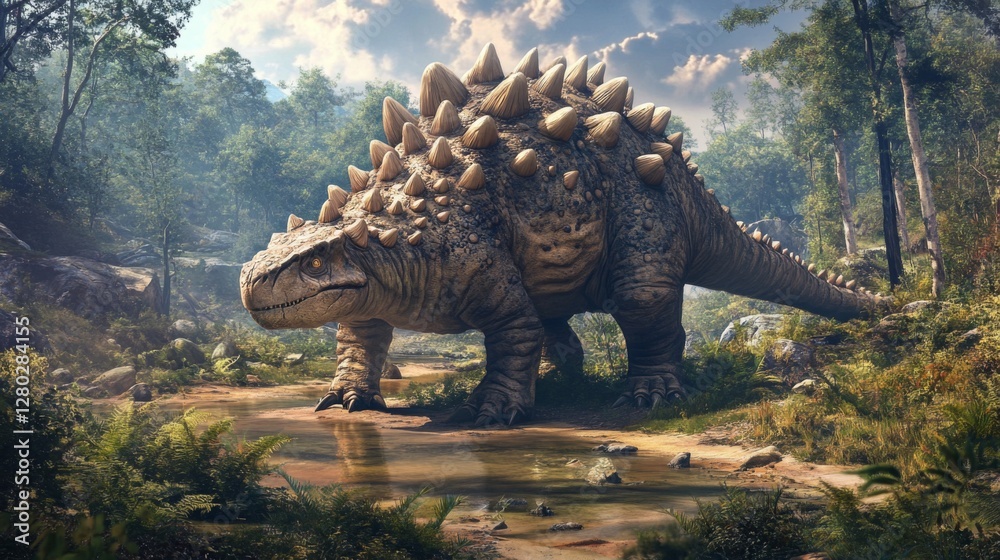Large Beige Armored Dinosaur in Lush Green Forest Large Beige Armored Dinosaur in Lush Green Forest