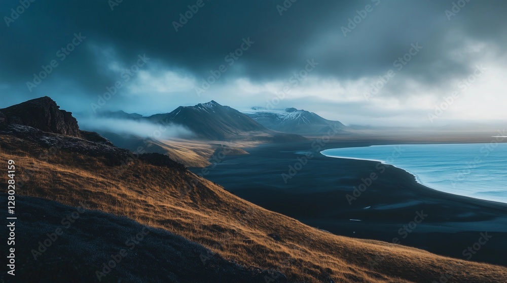 Obraz premium A mountain range with a body of water in the background. The sky is cloudy and the mountains are covered in snow